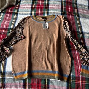 Anthropologie Camel Sweater with Leopard Print Sleeves